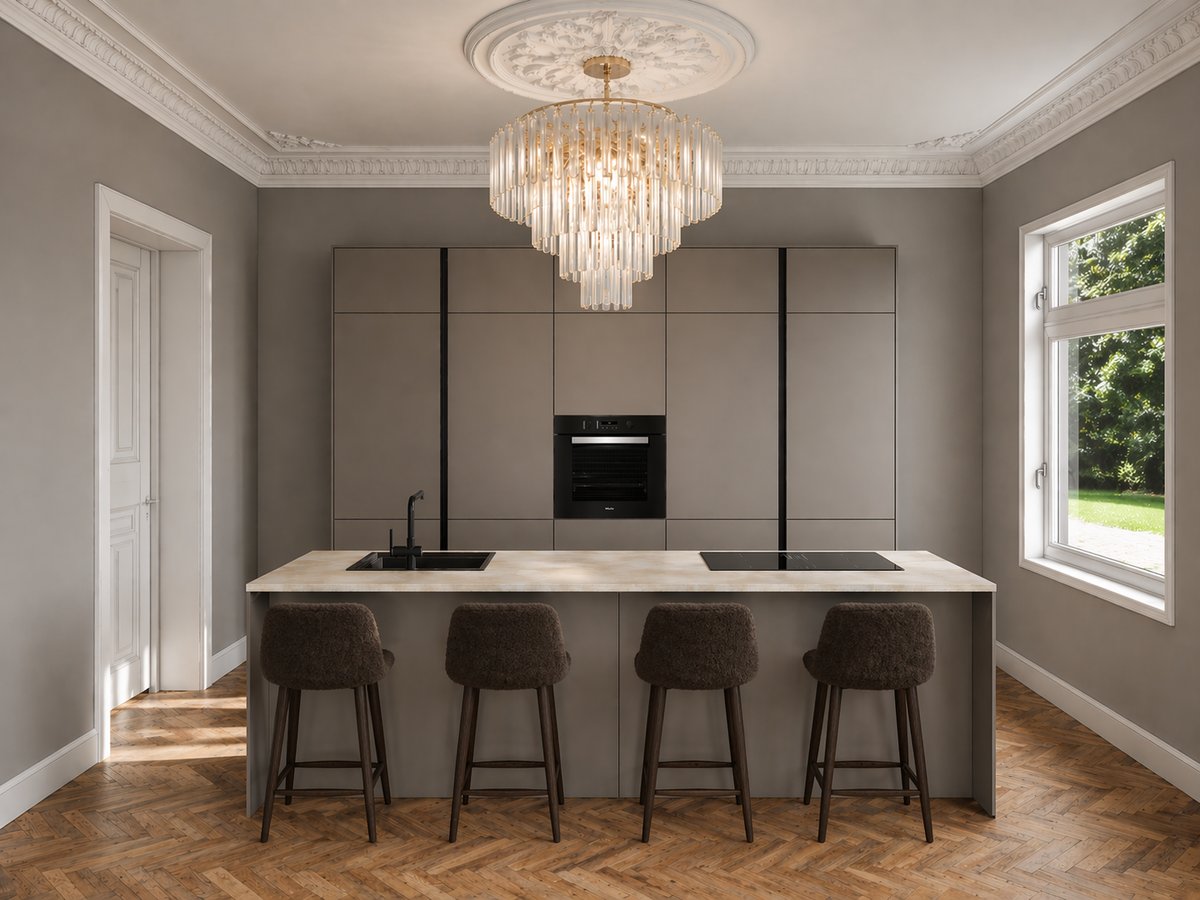 Modul Sebastian – Turm-Zeile mit Insel & Miele-Geräten
